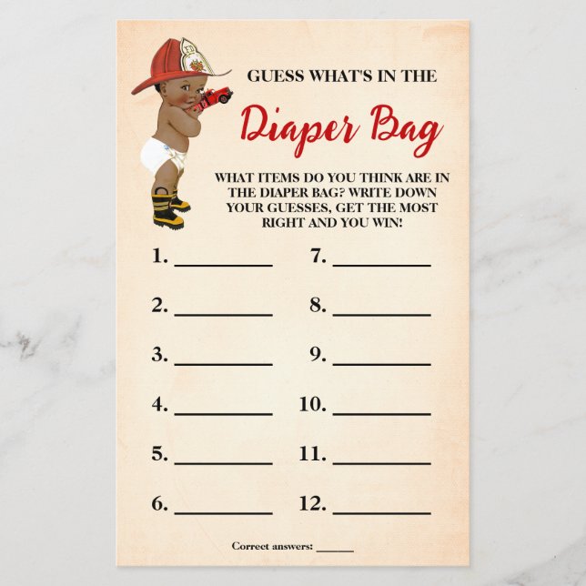 What is In Diaper Bag AA Fireman Shower Game Card (Front)