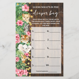 What is in Diaper Bag Pink Safari Shower Game Card