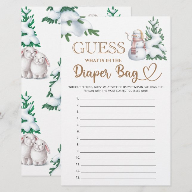 What is in the diaper bag winter baby shower game. (Front/Back)