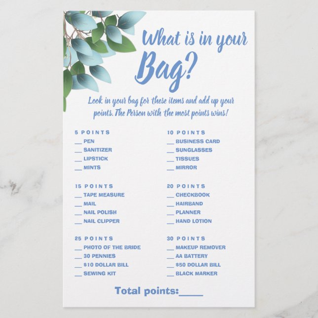 What is in your Bag Shower Game Card Eucalyptus (Front)