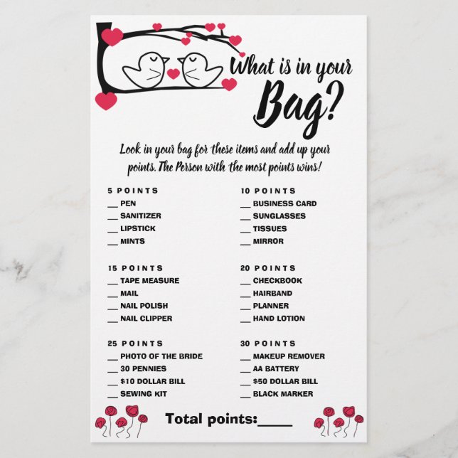 What is in your Bag Shower Game Card Love Bird (Front)