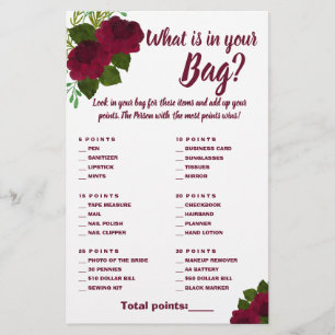 What is in your Bag Shower Game Card Red Flower