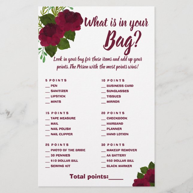 What is in your Bag Shower Game Card Red Flower (Front)