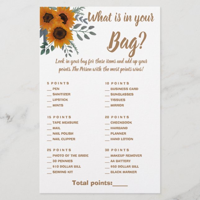 What is in your Bag Shower Game Card Sunflowers  (Front)