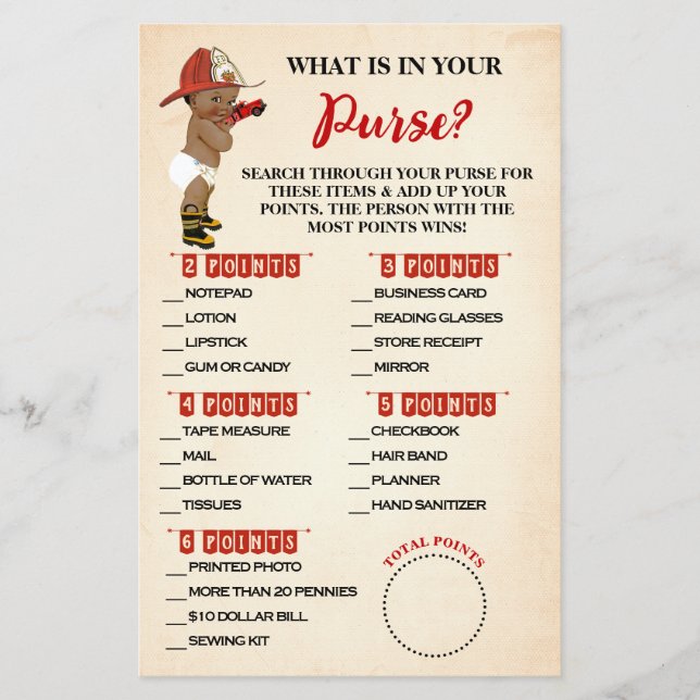 What is in your Purse AA Fireman Baby Shower Card (Front)