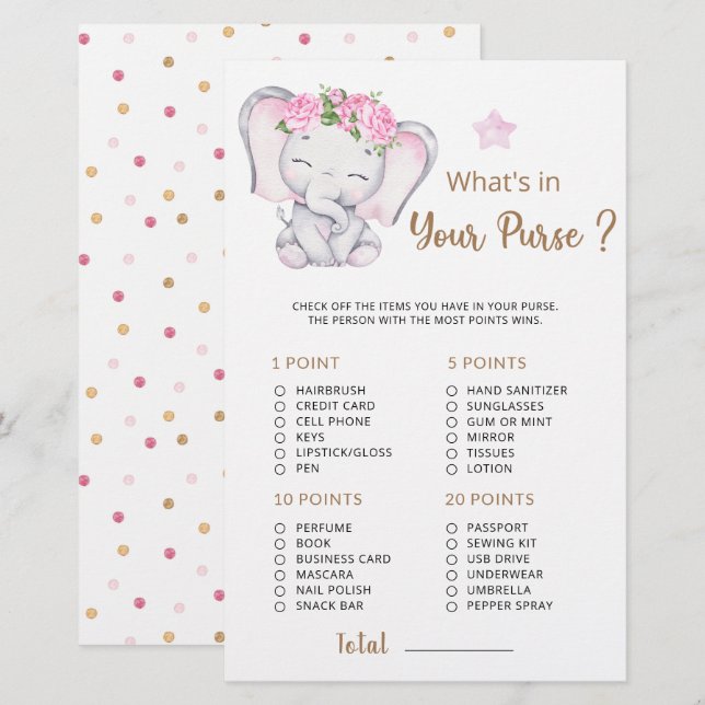 What is in Your Purse Baby Elephant Baby Shower  (Front/Back)