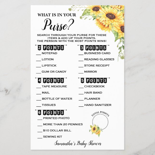What Is In Your Purse Baby Shower Game Card (Front)
