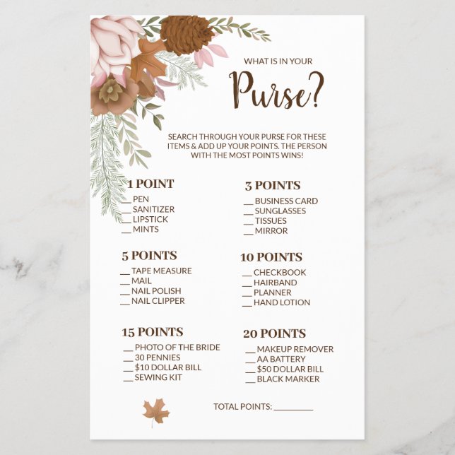 What is in your Purse Boho Autumn Shower Game Card (Front)