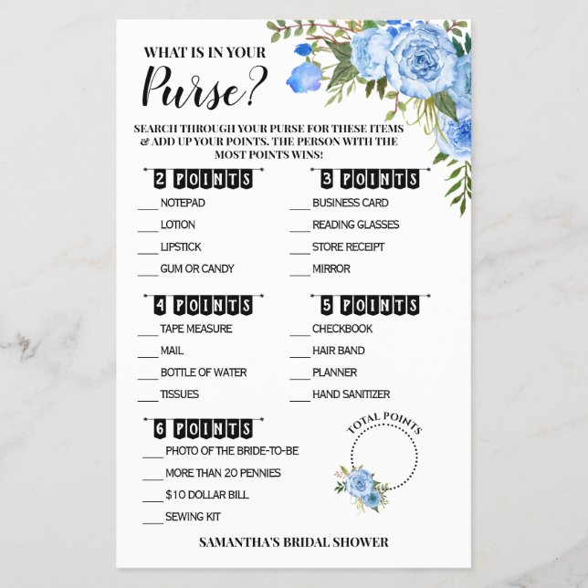 What is in your Purse Bridal Shower Blue Game Card (Front)
