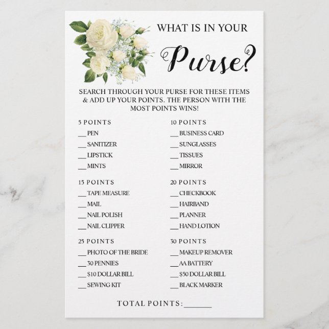 What is in your Purse Bridal Shower Game Flyer (Front)