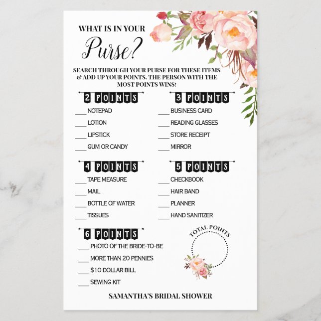 What is in your Purse Bridal Shower Pink Game Card (Front)