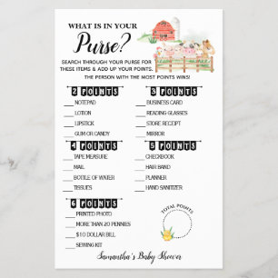 What is in your Purse Farm Baby Shower Game Card