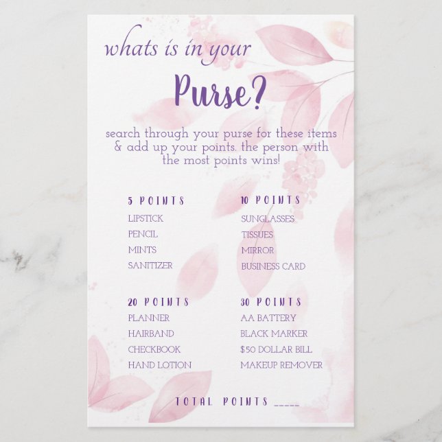 What is in your Purse? Game Card (Front)