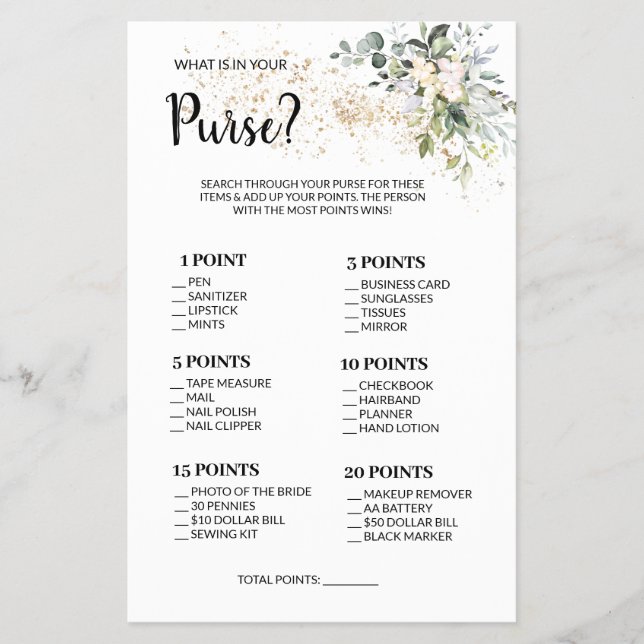 What is in your Purse Herbal Shower Game Card  (Front)