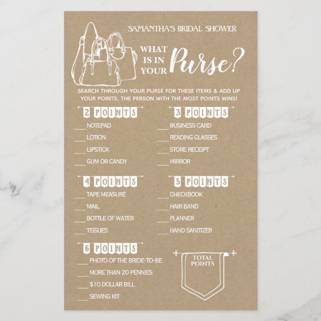 What is in your Purse rustic shower bilingual game (Front)