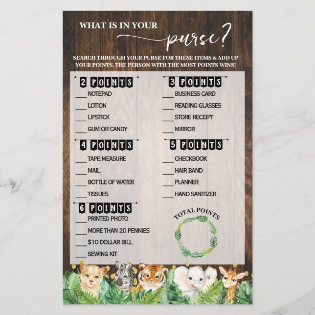 What is in your Purse Safari Baby Shower Game Flyer (Front)