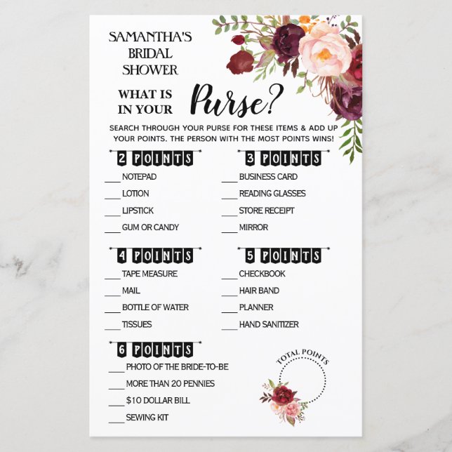 What is in your Purse shower English Spanish game (Front)