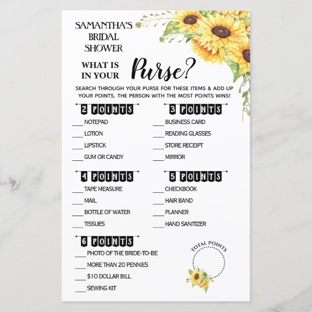 What is in your Purse shower English Spanish game (Front)