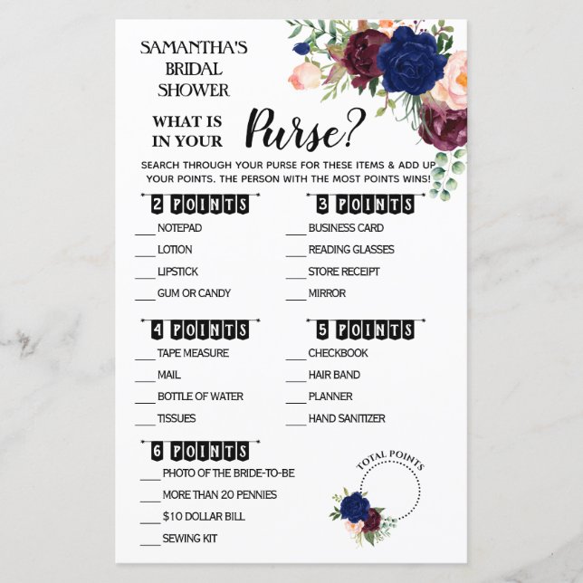 What is in your Purse shower English Spanish game (Front)