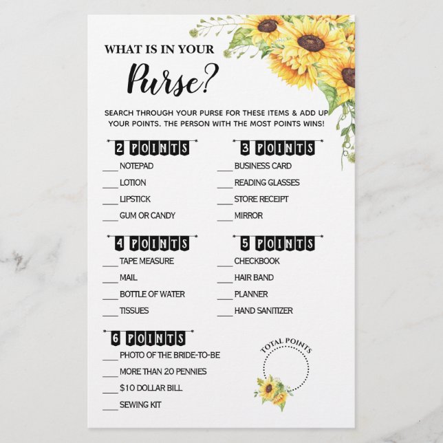 What is in your Purse Shower Sunflowers Game Card (Front)