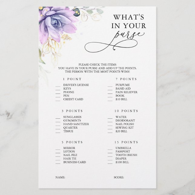 What Is In Your Purse Succulent Bridal Shower Game (Front)