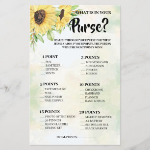 What is in your Purse Sunflowers Shower Game Card