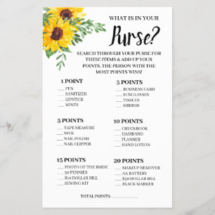 What is in your Purse Sunflowers Shower Game Card