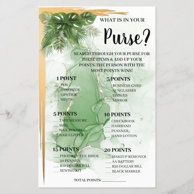 What is in your Purse Tropical Shower Game Card (Front)
