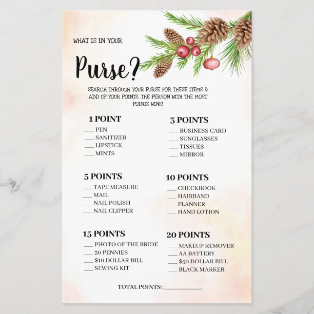 What is in your Purse Wedding Shower Game Card (Front)