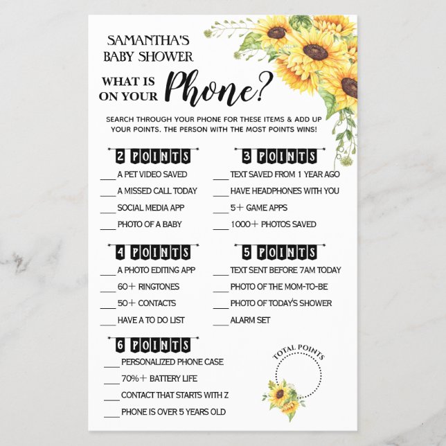 What is on your Phone baby shower game card (Front)