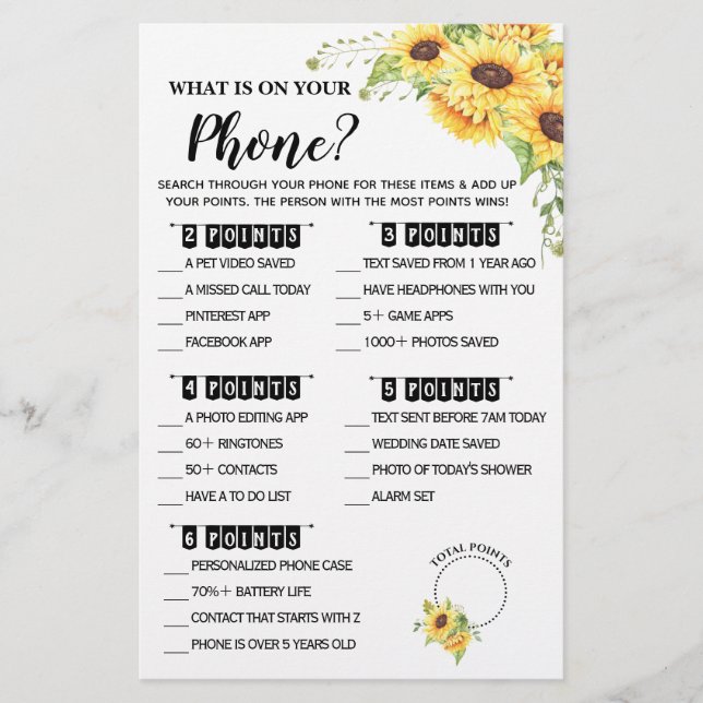 What is on your Phone Bridal Shower Game Card (Front)