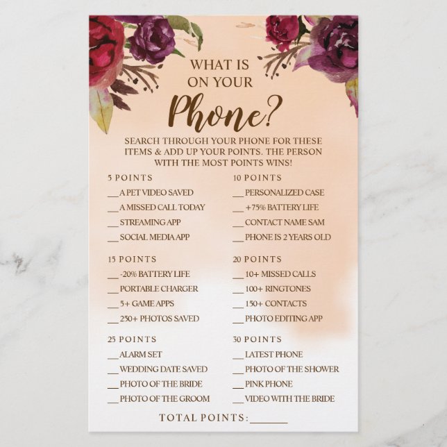 What is on your Phone Burgundy Shower Game Card (Front)