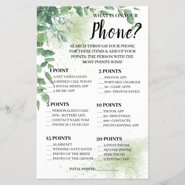 What is on your Phone Eucalyptus Shower Game Card  (Front)