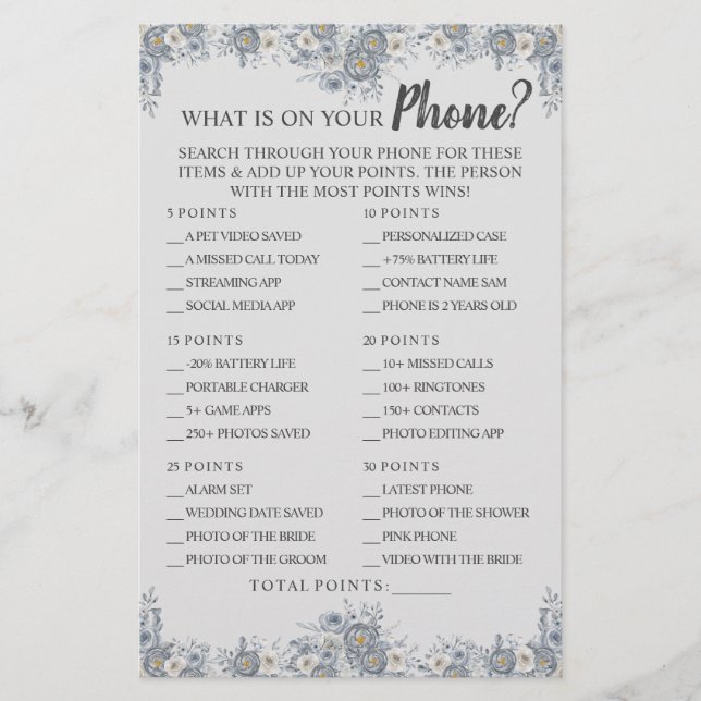 What is on your Phone Grey Floral Shower Game Card (Front)