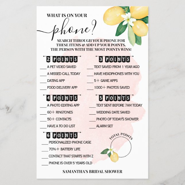 What is on your Phone Lemons Pink Shower Game Card (Front)