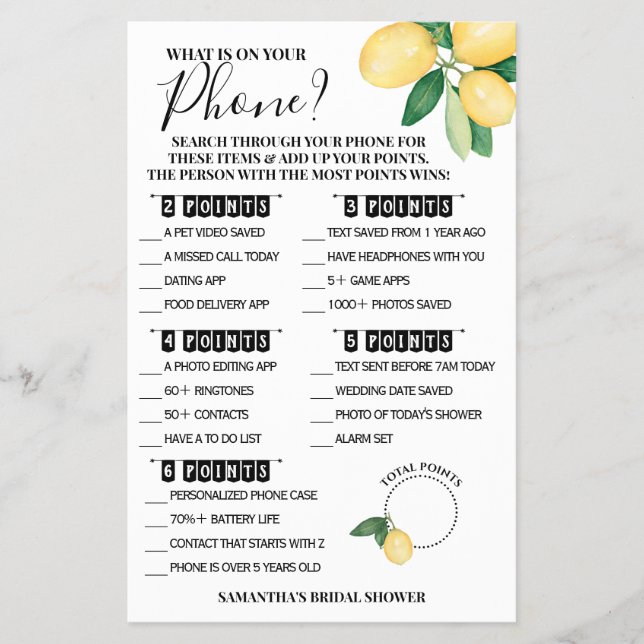 What is on your Phone Lemons Shower Game Card (Front)