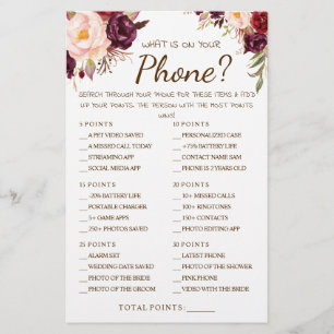 What is on your Phone Marsala Shower Game Card 