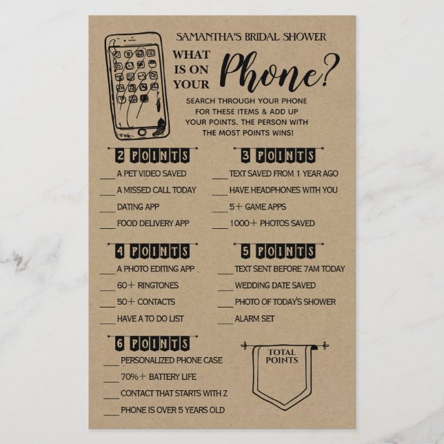 What is on your Phone Rustic Bridal Shower Game Flyer (Front)