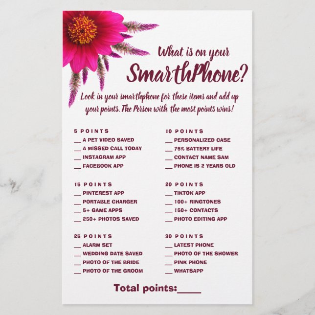 What is on your Phone Shower Game Card Purple (Front)