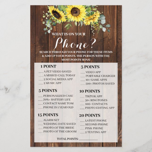 What is on your Phone Sunflowers Shower Game Card (Front)