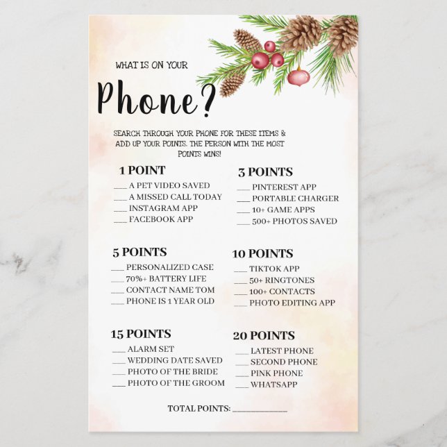 What is on your Phone Wedding Shower Game Card (Front)