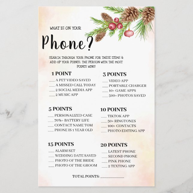 What is on your Phone Wedding Shower Game Card Fly (Front)