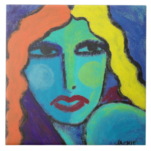 What Now?  Colorful Abstract Portrait of a Woman Ceramic Tile