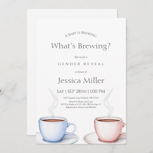 What’s Brewing Tea Cup Gender Reveal Invitation | (Front/Back)