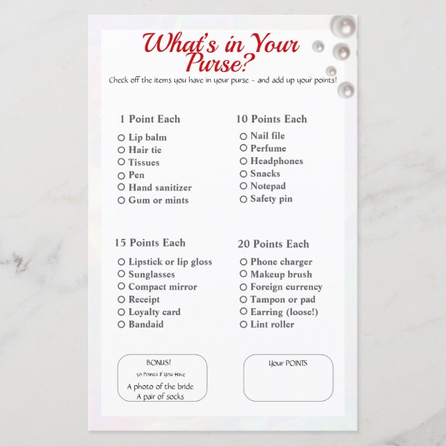 What’s in Your Purse? Bridal or Baby Shower Game (Front)