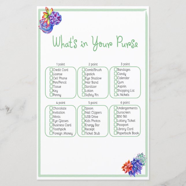 What’s in your purse succulent baby shower game (Front)