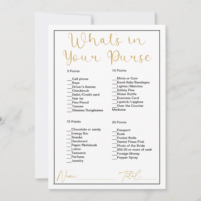 What;s In Your Purse White and Gold Bridal Shower Invitation (Front)