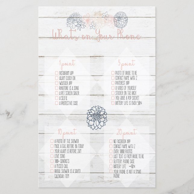 What’s on your Phone Navy Blush Bridal Shower Game (Front)