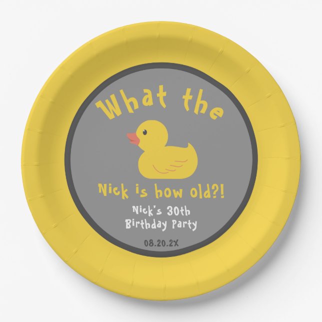 What the Duck Birthday Punny Yellow Paper Plate (Front)