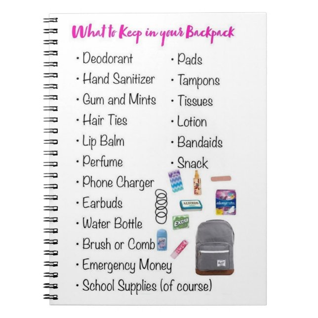 What to keep in your backpack notebook (Front)